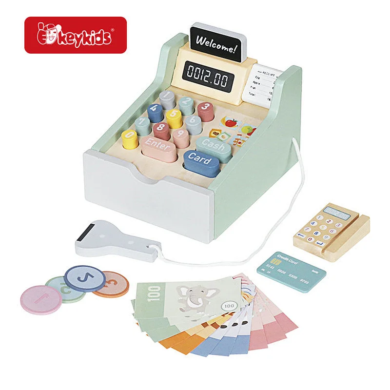 Montessori Pretend Play Kids Wooden Kids Cash Register Toy with Coins W10A308